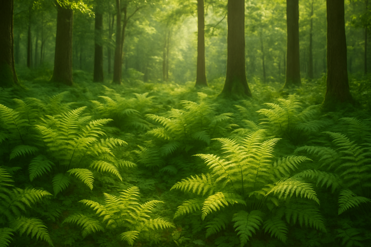 Soft fern grove in forest, not too dark